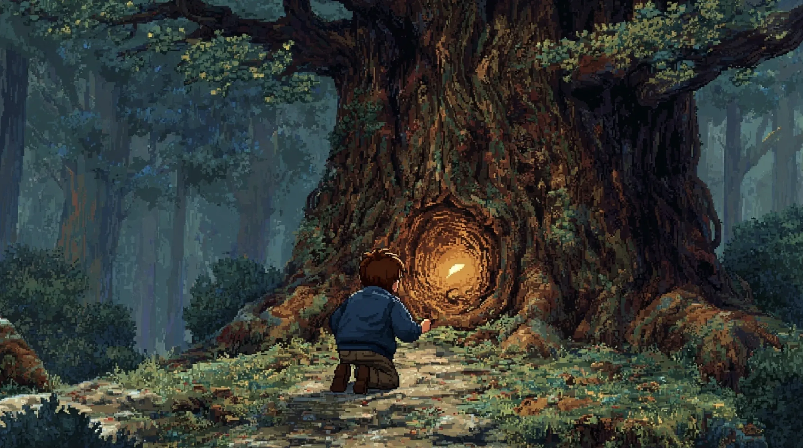 A player kneeling at the glowing hollow of a great tree in Your Life, the Game